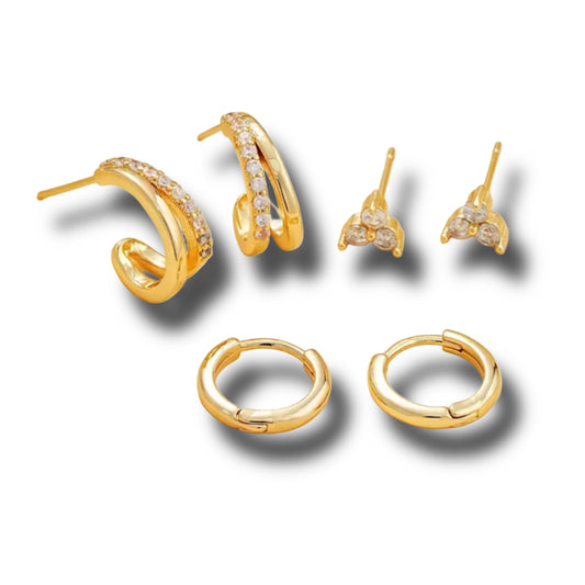 3-Set „Estelle“ - goldene Ohrstecker mit Zirkonia // O7